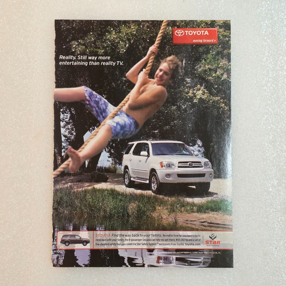 Vintage Print Ad Toyota Sequoia boy on rope jumping into lake 8x10.5 2004